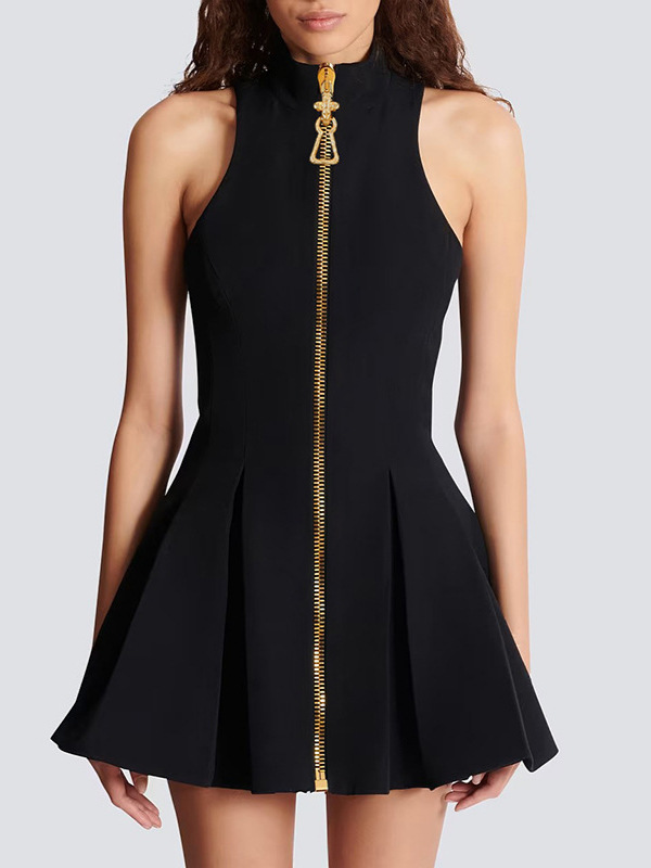 Sleeveless High Neck Zipper Mini Dress