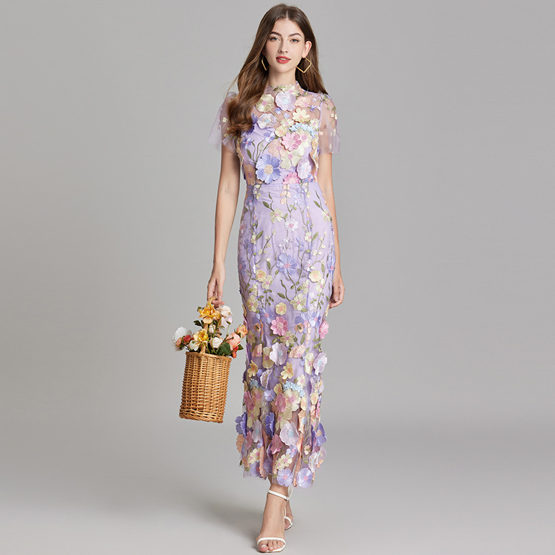 Elegant Floral Embroidered Mesh Mermaid Maxi Dress