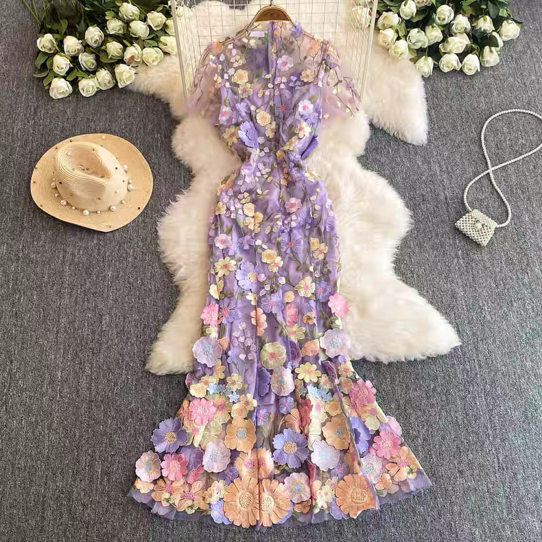 Elegant Floral Embroidered Mesh Mermaid Maxi Dress