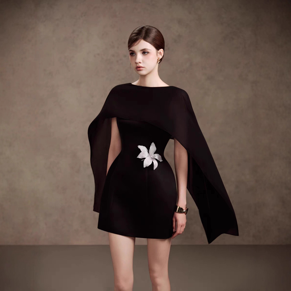 Women's Elegant Cape Mini Dress with Flower Detail