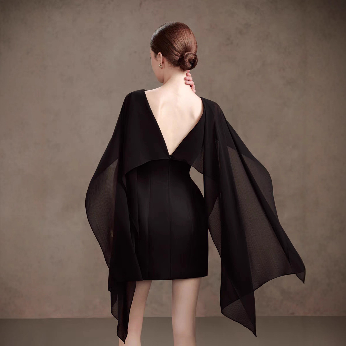 Women's Elegant Cape Mini Dress with Flower Detail