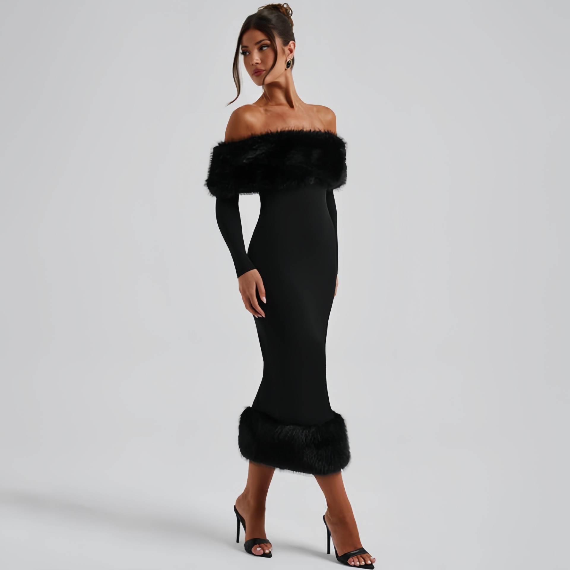 Women's Off-Shoulder Faux Fur Bodycon Evening Dress