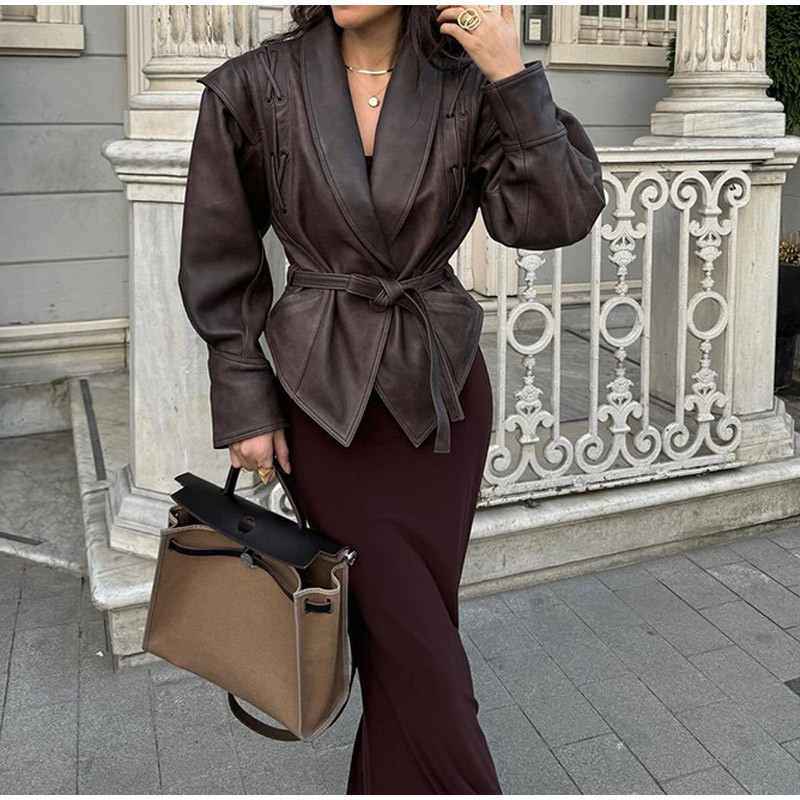 Faux Leather Belted Blazer Jacket