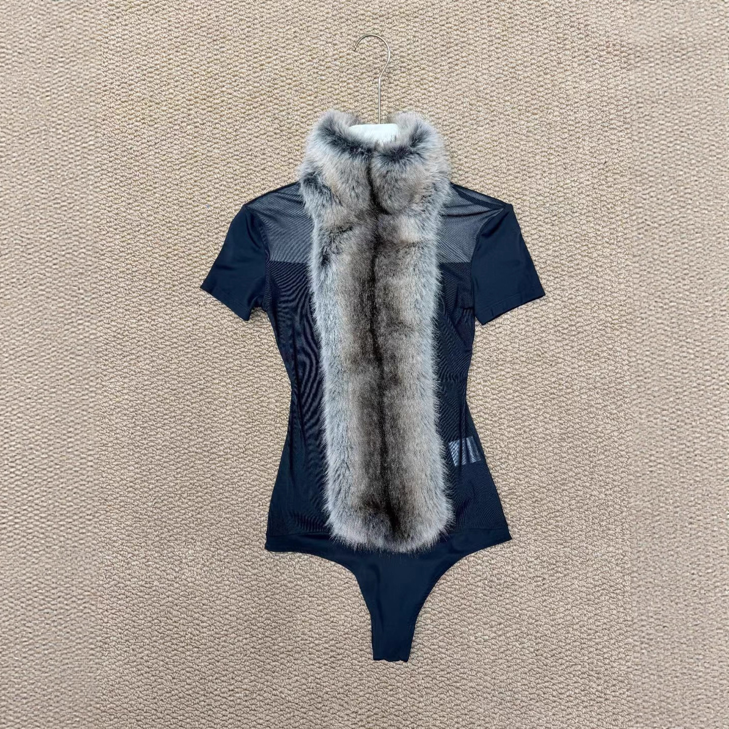 Y2K Faux Fur Collar Mesh Bodysuit