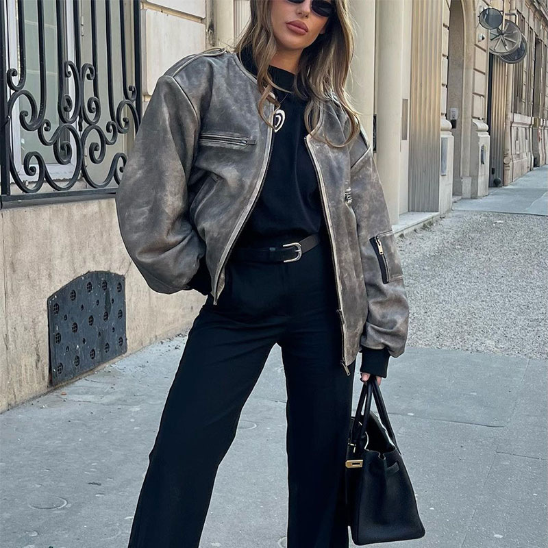 Oversized Faux Leather Zip-Up Jacket