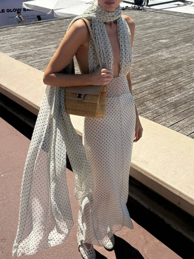 Backless Polka-Dot Maxi Dress with Scarf Detail