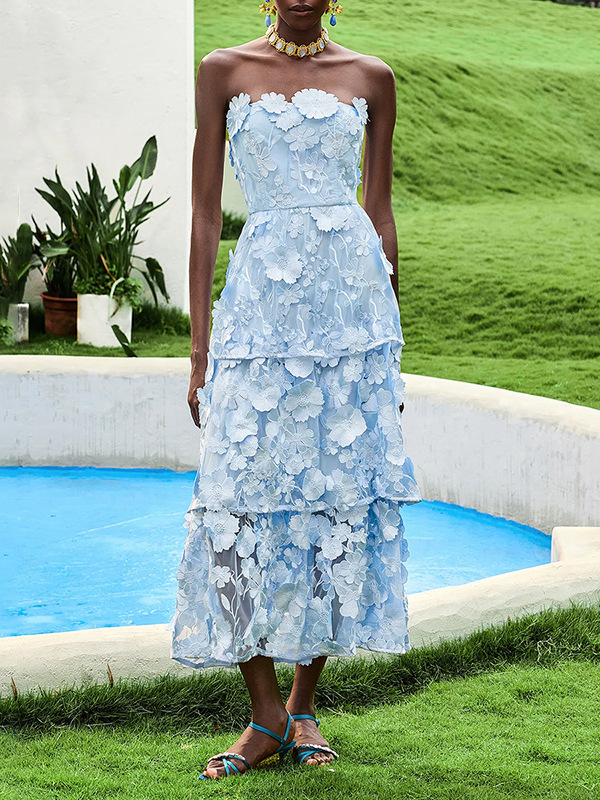 French-Inspired 2025 Embroidered Floral Ruffled Bustier Dress