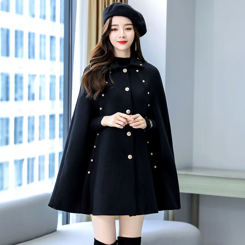 Classic Wool-Blend Black Cape Coat