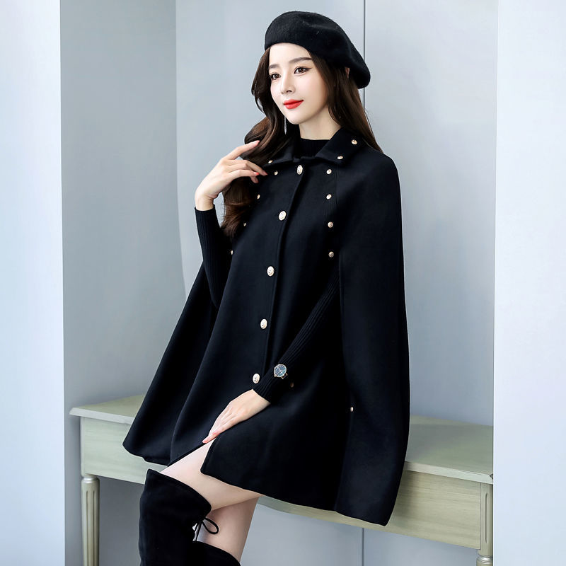 Classic Wool-Blend Black Cape Coat