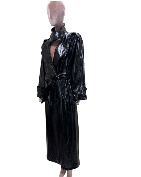 Glossy Black PU Leather Oversized Trench Coat