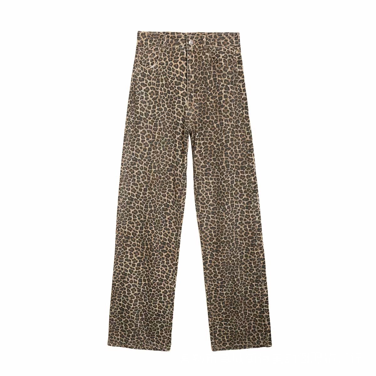 High-Waist Leopard Print Straight-Leg Jeans