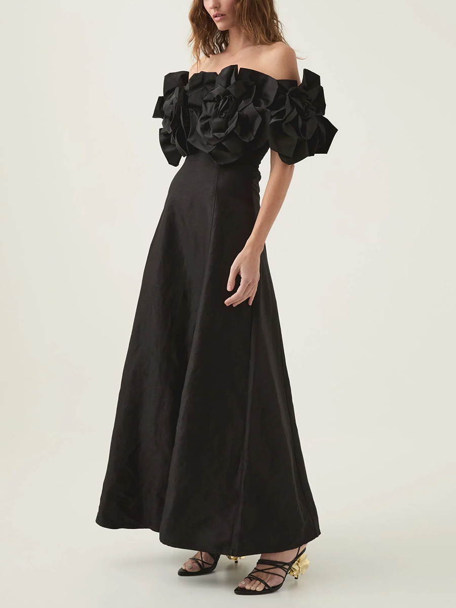 Elegant Off-Shoulder Floral Appliqué Maxi Dress