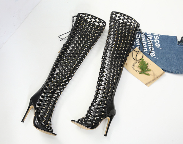Studded Cutout High-Heel Sandal Boots