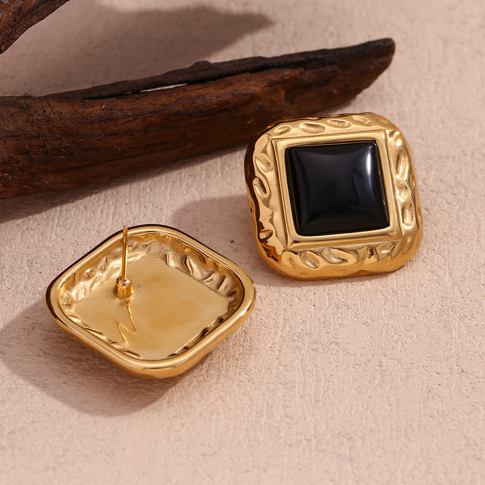 Vintage Black Acrylic Gold Stud Earrings