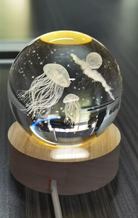 3D Crystal Ball Lamp with Wooden Base