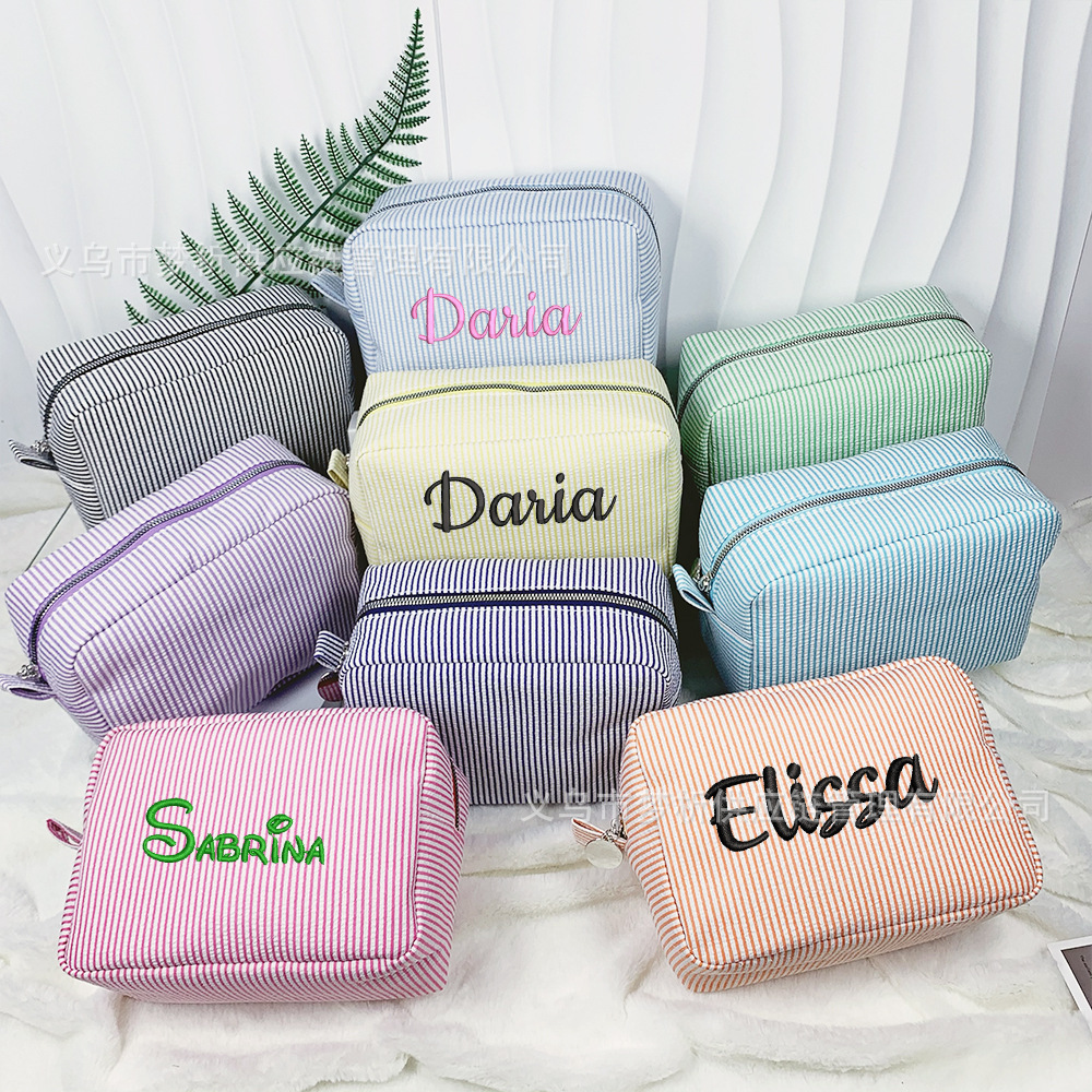 Custom Embroidered Striped Seersucker Makeup Bag