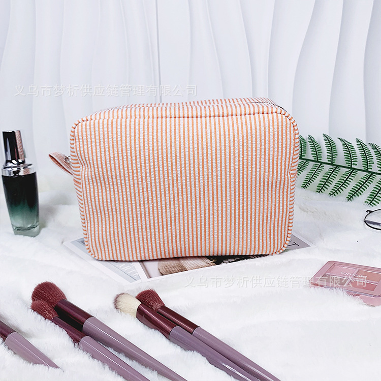 Custom Embroidered Striped Seersucker Makeup Bag