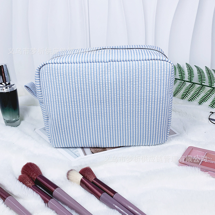 Custom Embroidered Striped Seersucker Makeup Bag
