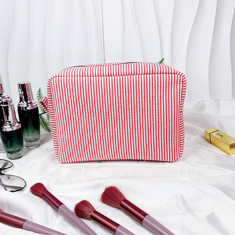 Custom Embroidered Striped Seersucker Makeup Bag