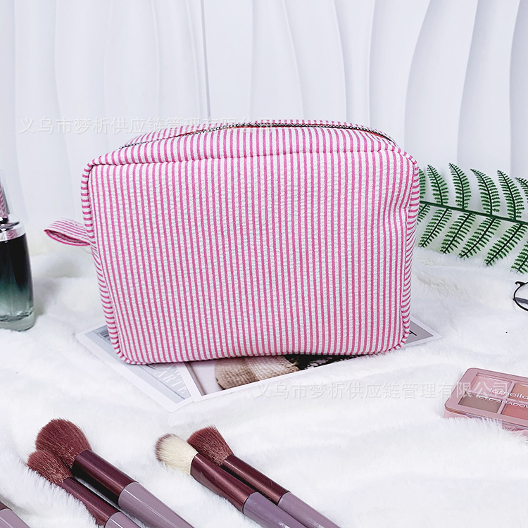 Custom Embroidered Striped Seersucker Makeup Bag