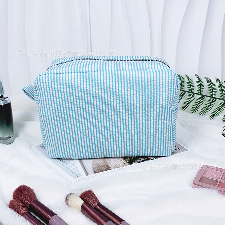Custom Embroidered Striped Seersucker Makeup Bag