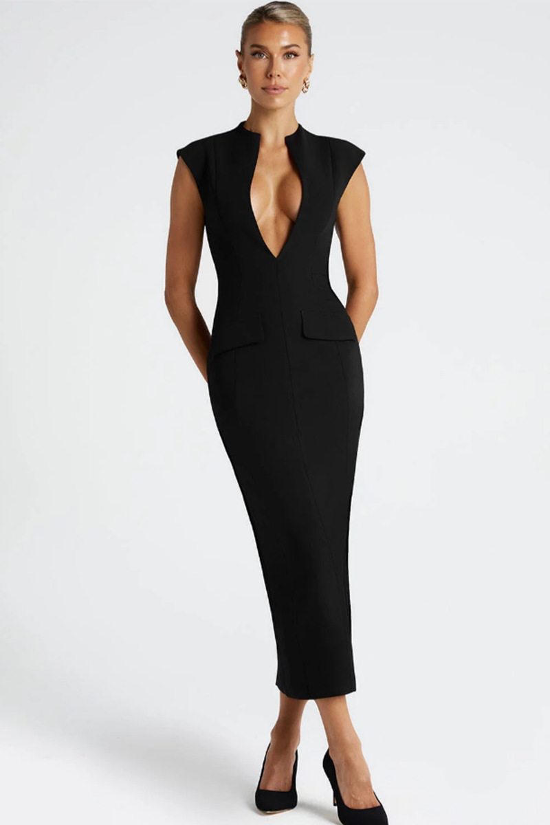 Elegant Deep V Neck Sleeveless Midi Dress