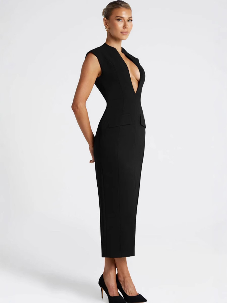 Elegant Deep V Neck Sleeveless Midi Dress
