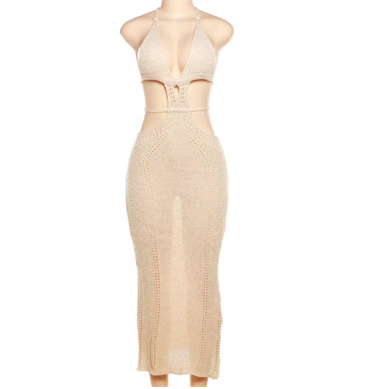 Sexy Crochet Halter Cut-Out Bodycon Maxi Dress