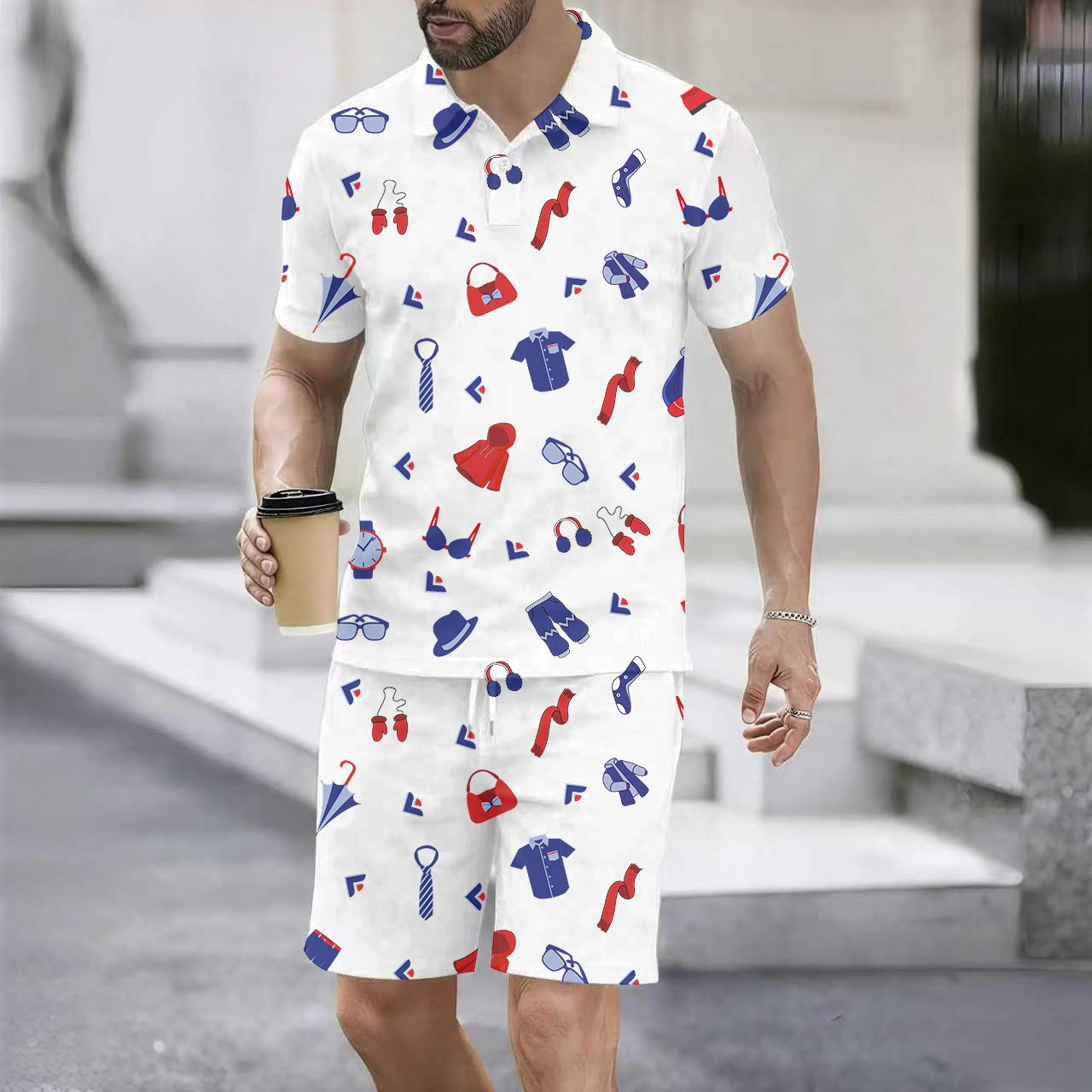 US 3D Men‘s Plus Size Polo And Shorts Set