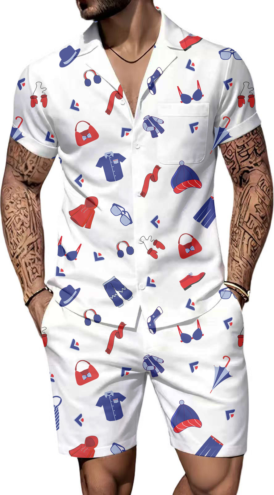 US 3D Men's Plus-Size Cuban Hawaii Shirt & Shorts Set 