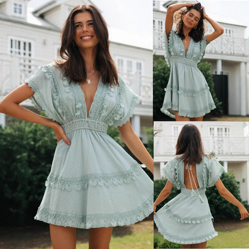 Women's Boho Lace Trim Deep V-Neck Mini Dress