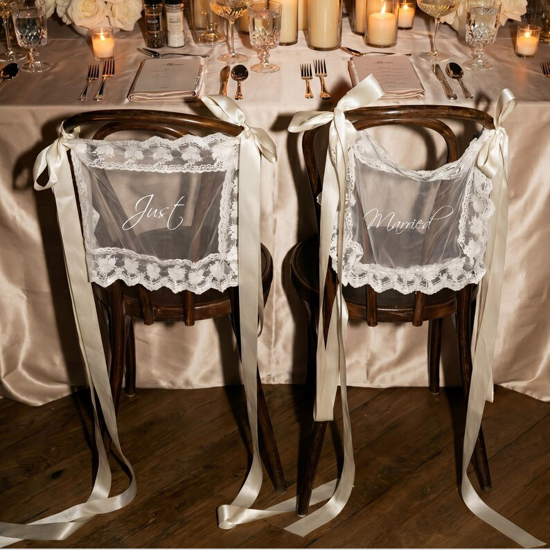 Elegant Bride & Groom Chair Sashes with Lace