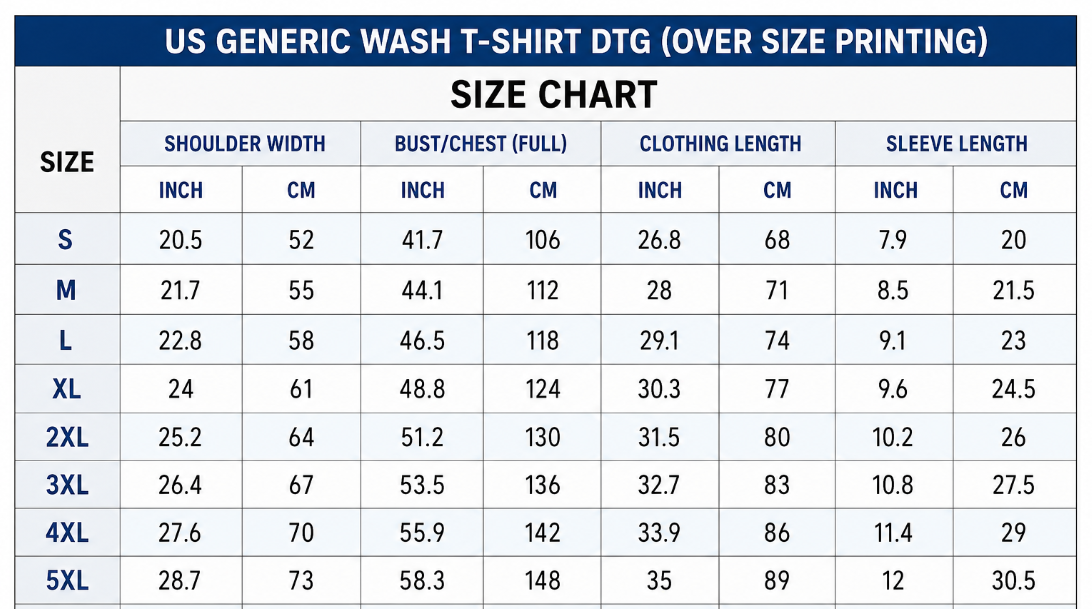 US Generic Wash T-shirt DTG (Over Size Printing)
