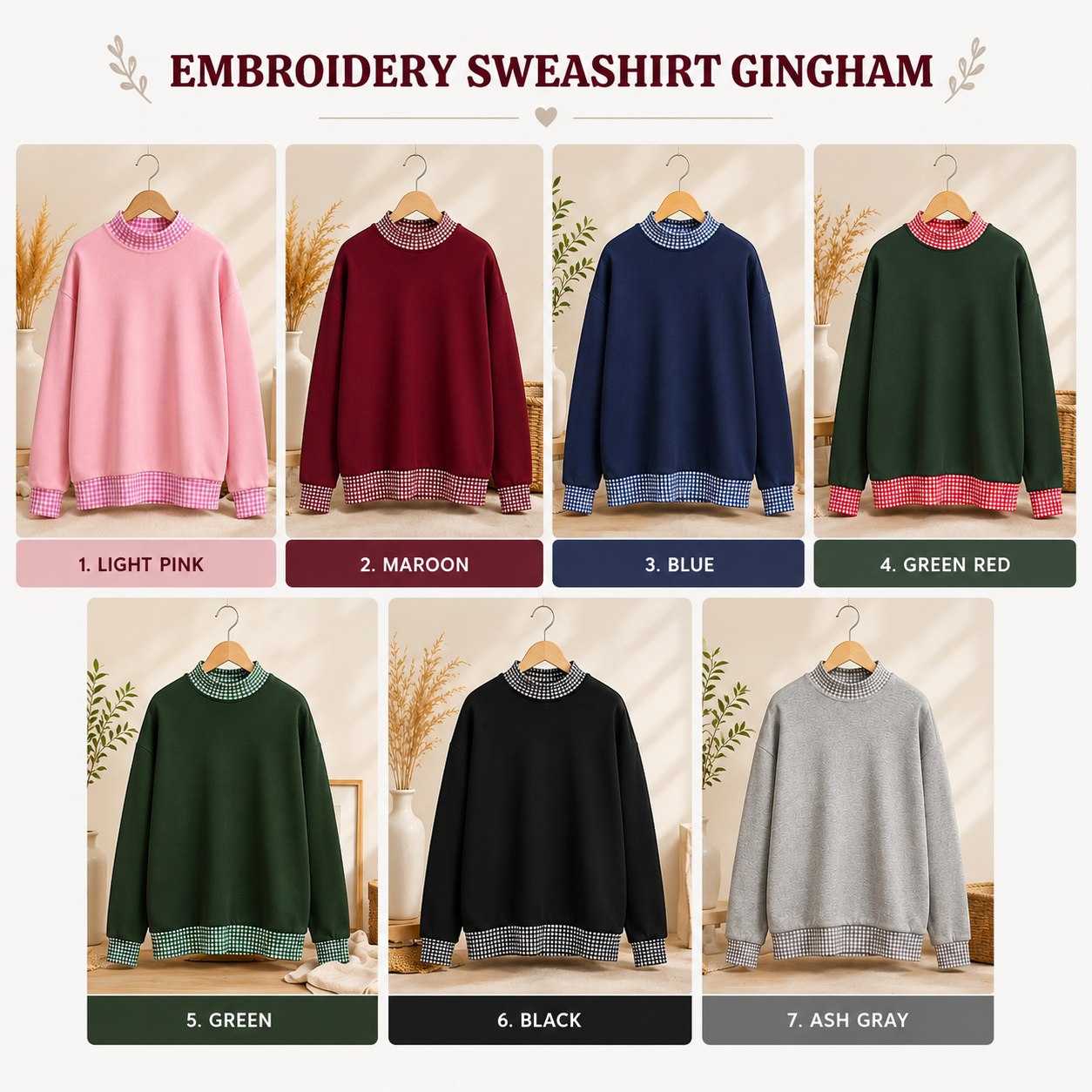VN Embroidered Gingham Mock Neck Sweatshirt