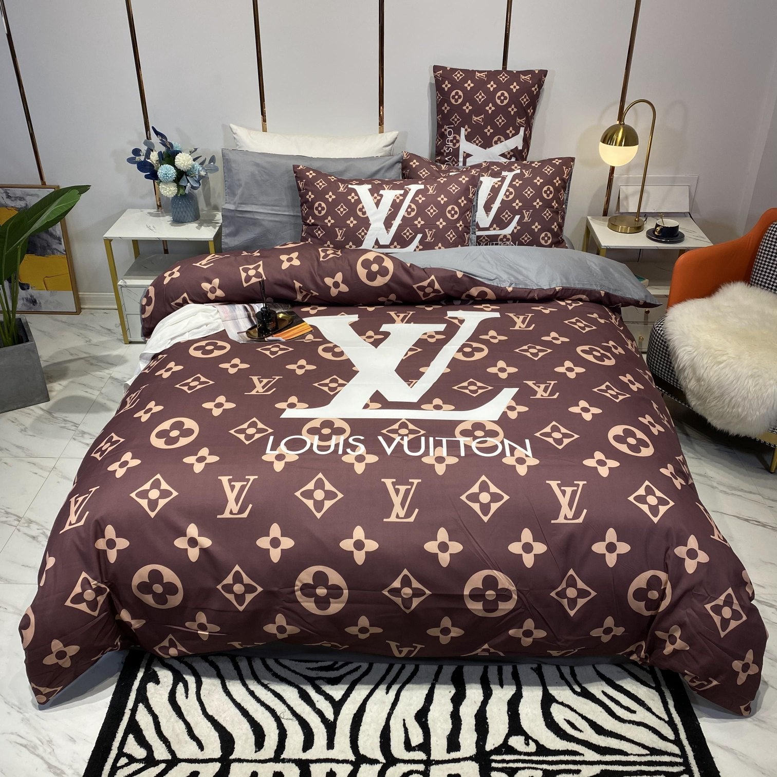 Louis vuitton brown luxury brand bedding set bedspread duvet cover set
