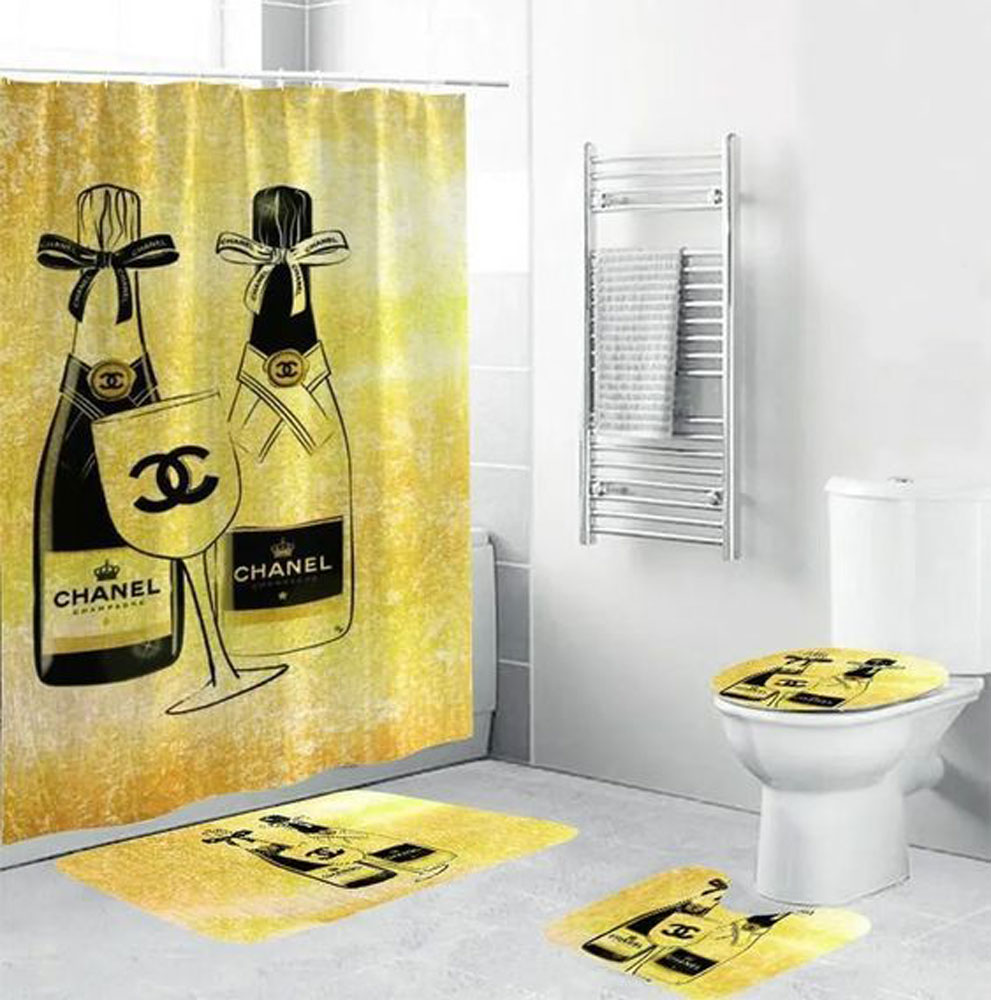 Chanel wine bathroom set hot 2023 luxury shower curtain bath rug mat home decor