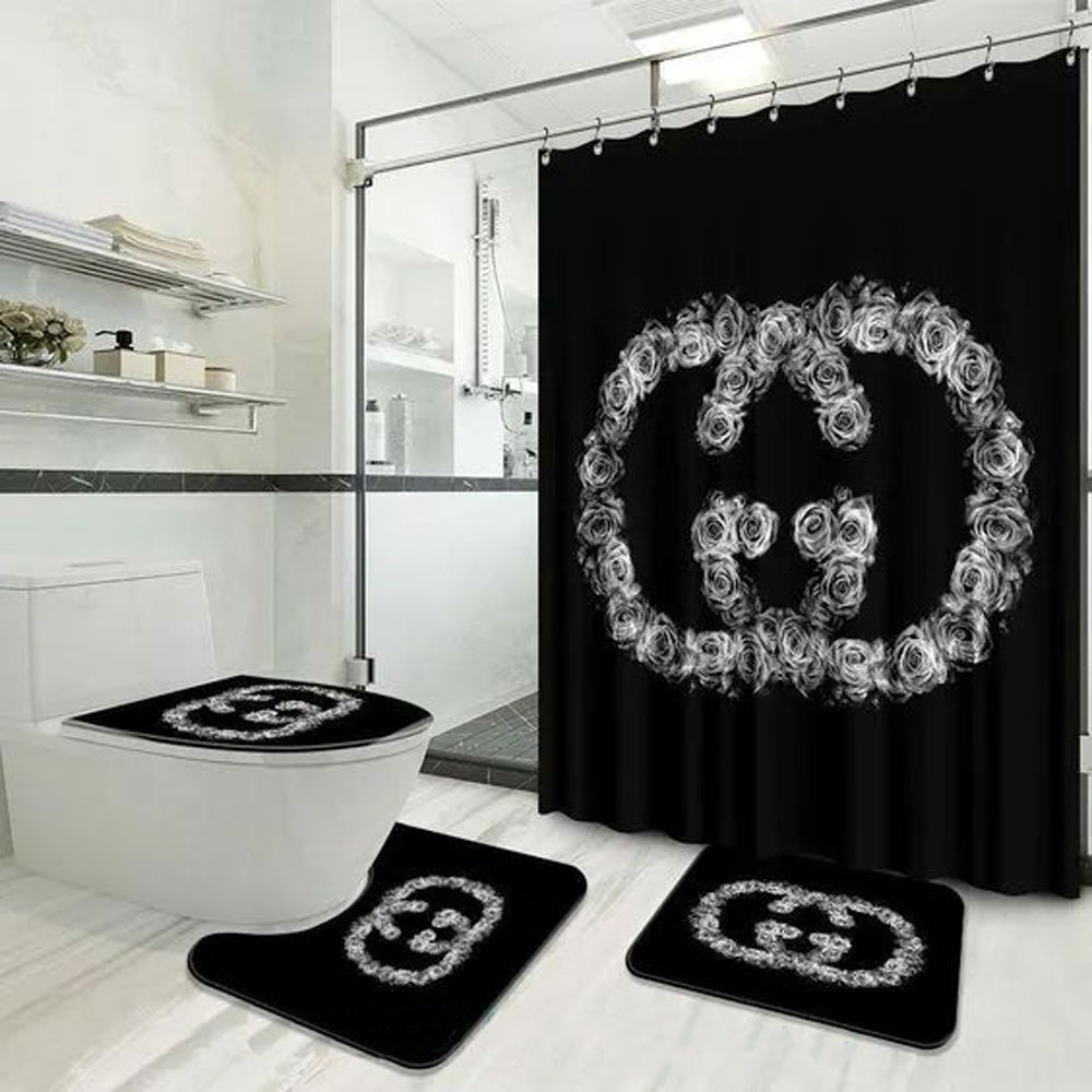 Gucci black flower bathroom set hot 2023 luxury shower curtain bath rug mat home decor