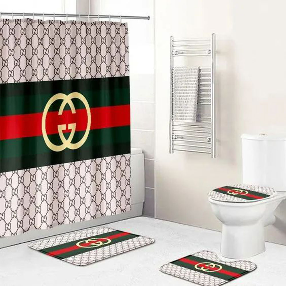 Gucci stripe bathroom set hot 2023 luxury shower curtain bath rug mat home decor