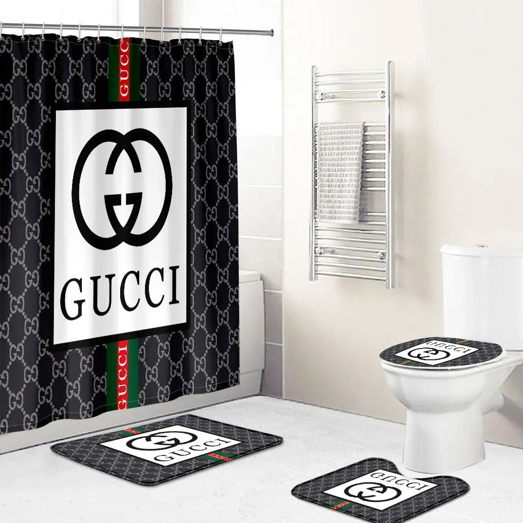 Gucci stripe bathroom set hot 2023 luxury shower curtain bath rug mat home decor