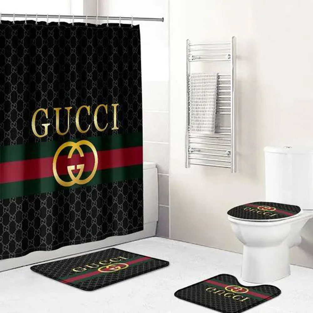 Gucci stripe bathroom set hot 2023 luxury shower curtain bath rug mat home decor