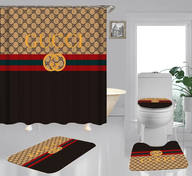 Gucci stripe bathroom set hot 2023 luxury shower curtain bath rug mat home decor