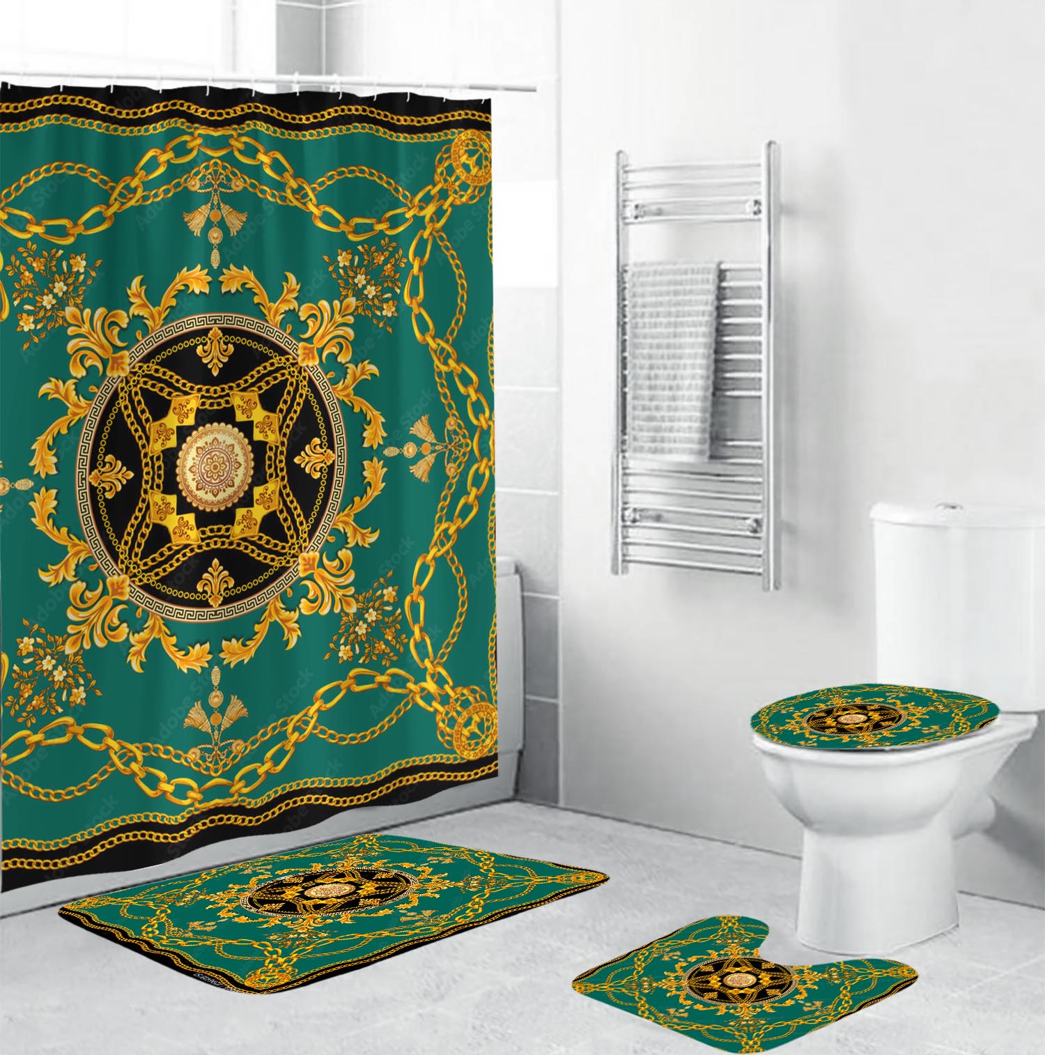 Gianni versace green bathroom set hot 2023 luxury shower curtain bath rug mat home decor