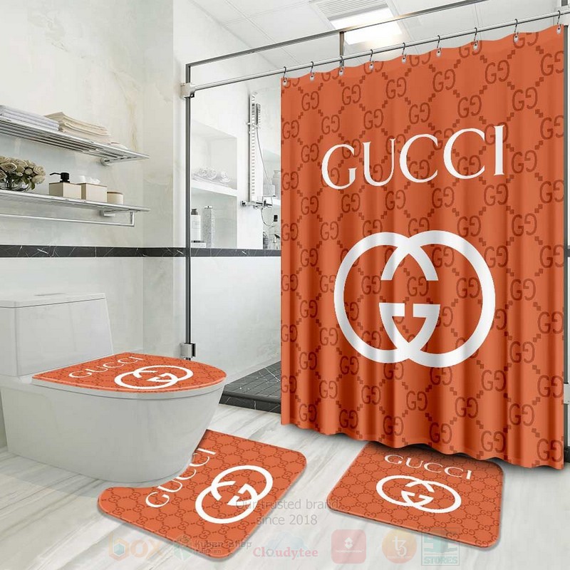 Gucci orange bathroom set hot 2023 luxury shower curtain bath rug mat home decor