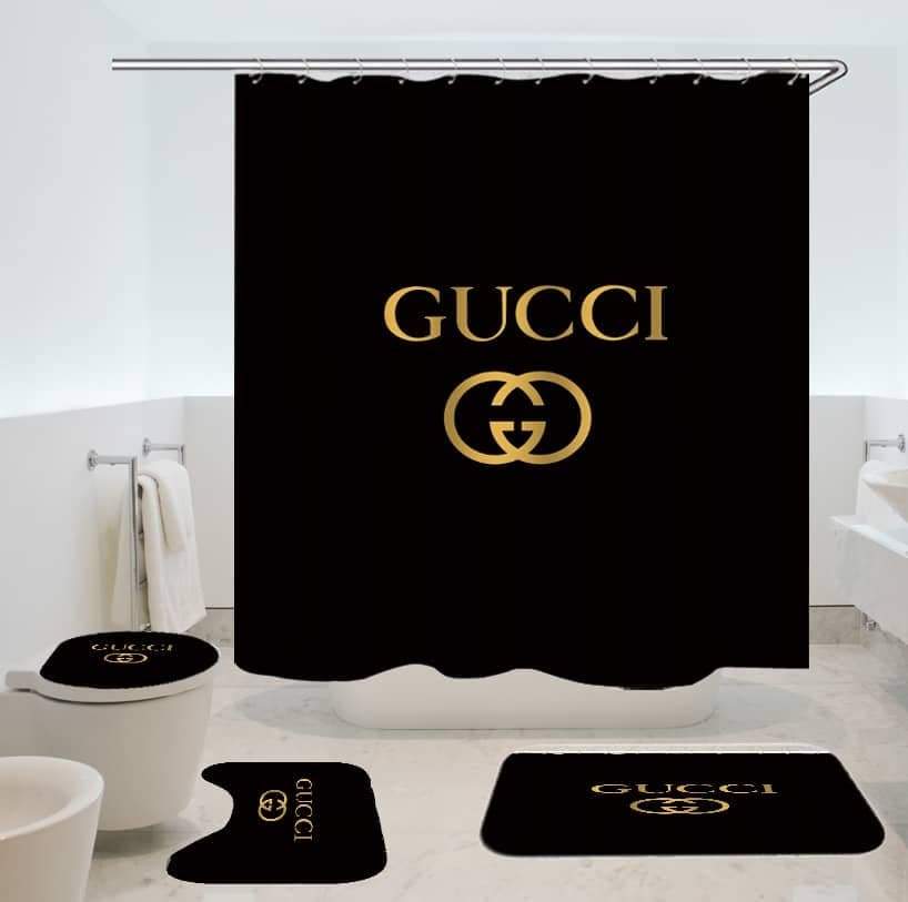 Gucci black bathroom set hot 2023 luxury shower curtain bath rug mat