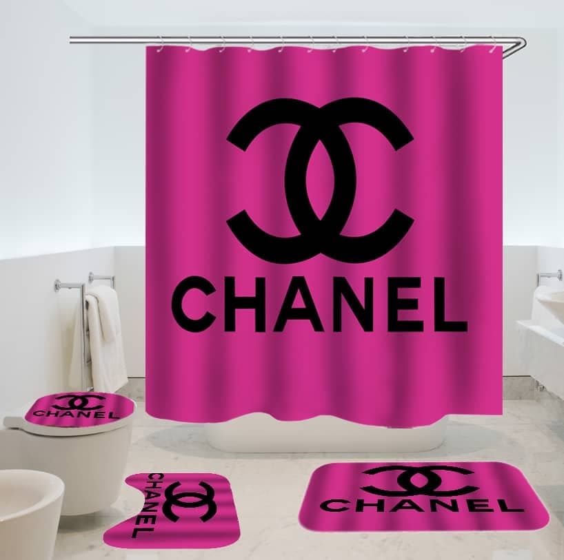Chanel pink bathroom set hot 2023 luxury shower curtain bath rug mat home decor
