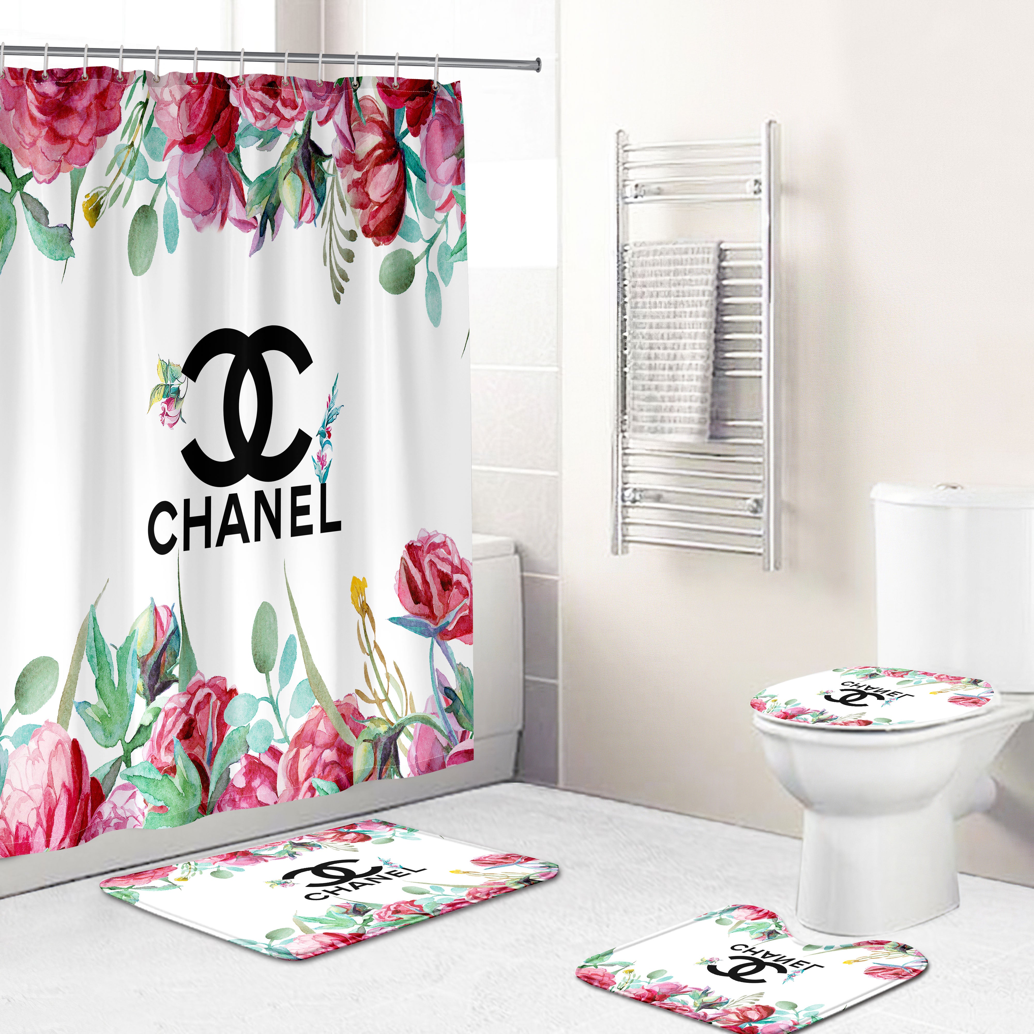 Chanel flower bathroom set hot 2023 luxury shower curtain bath rug mat home decor