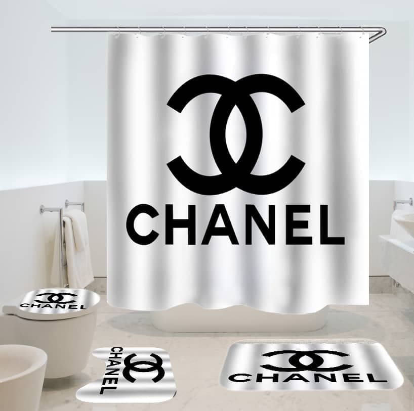 Chanel white bathroom set hot 2023 luxury shower curtain bath rug mat home decor
