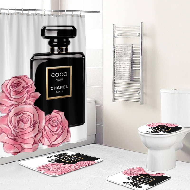 Chanel perfume bathroom set hot 2023 luxury shower curtain bath rug mat home decor