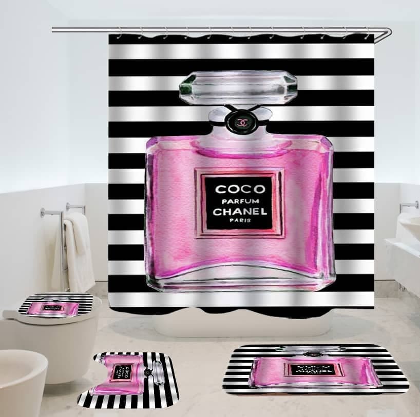 Chanel perfume bathroom set hot 2023 luxury shower curtain bath rug mat home decor