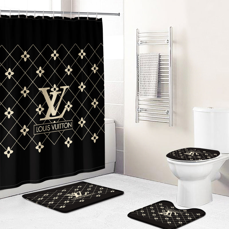 Louis vuitton lv dark bathroom set hot 2023 luxury shower curtain bath rug mat home decor